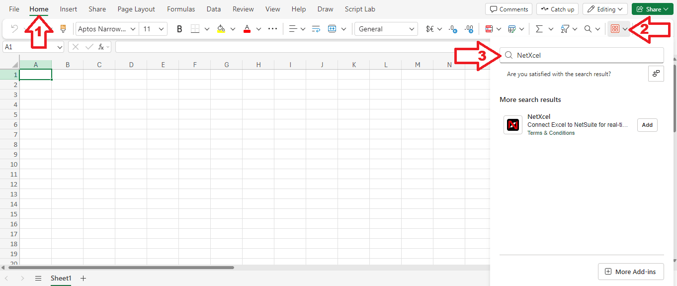 Excel Home tab with the Add-ins icon highlighted and NetXcel found in the add-in search results with an Add button