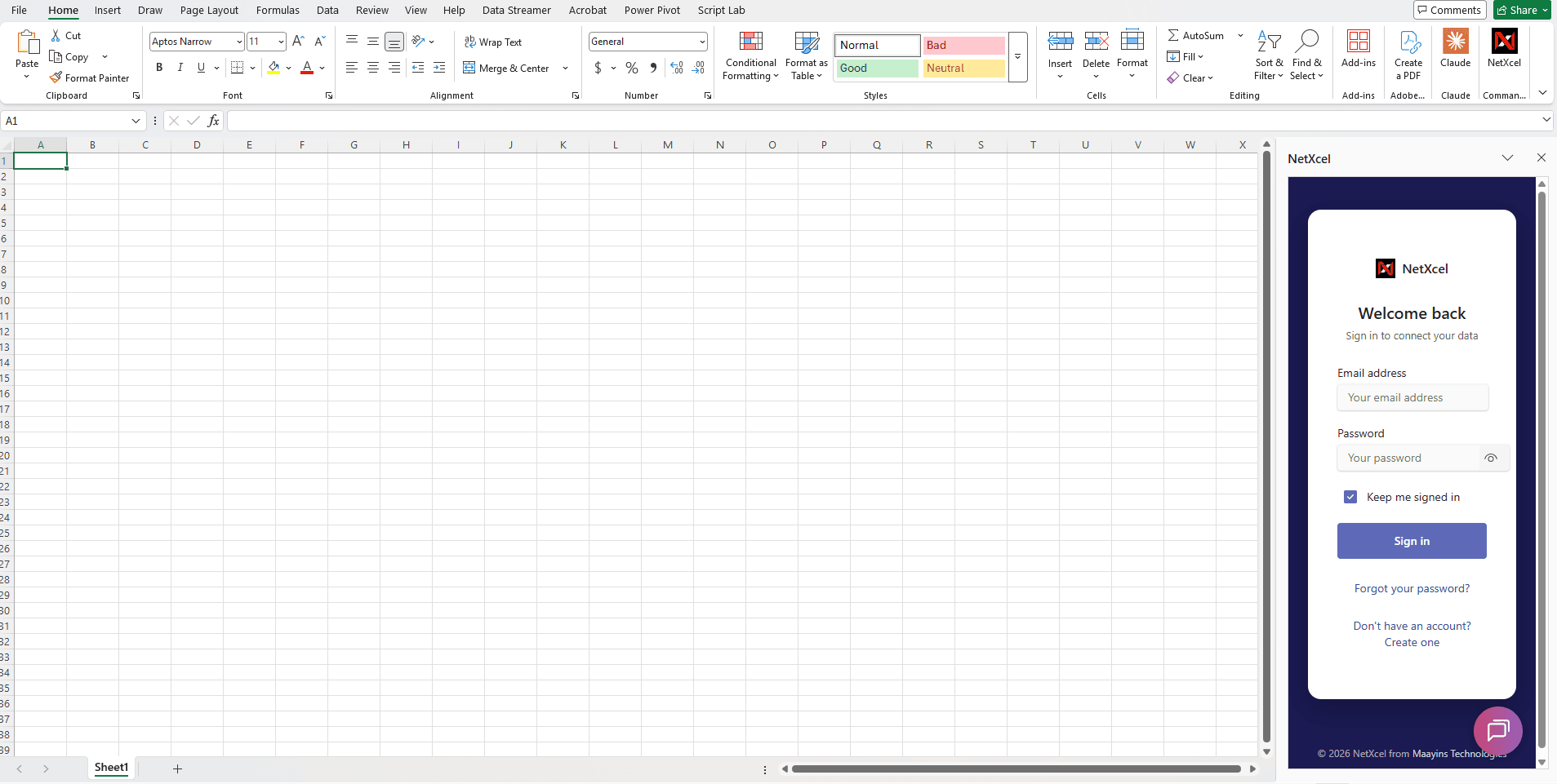 NetXcel sign-in screen in the Excel task pane, with email address and password fields, a Sign in button, and links for forgot password and creating an account